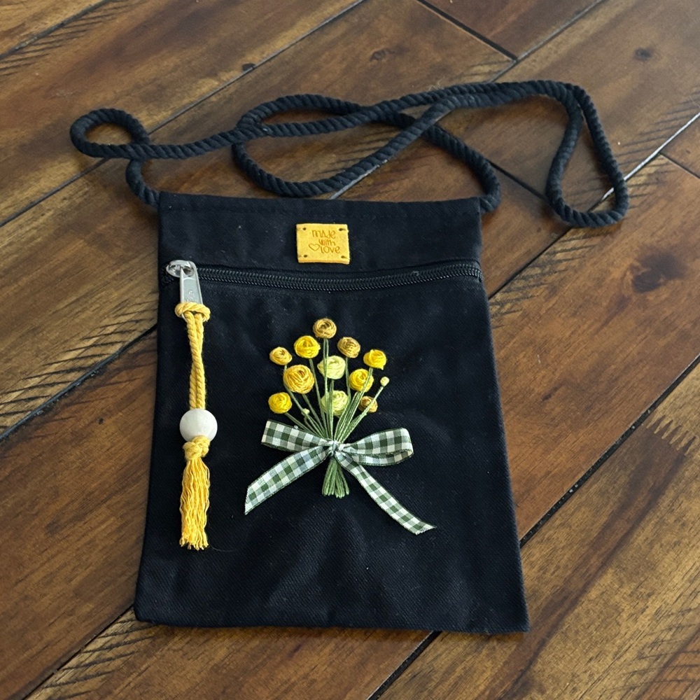 Black Crossbody Bag with Yellow Floral Embroidery